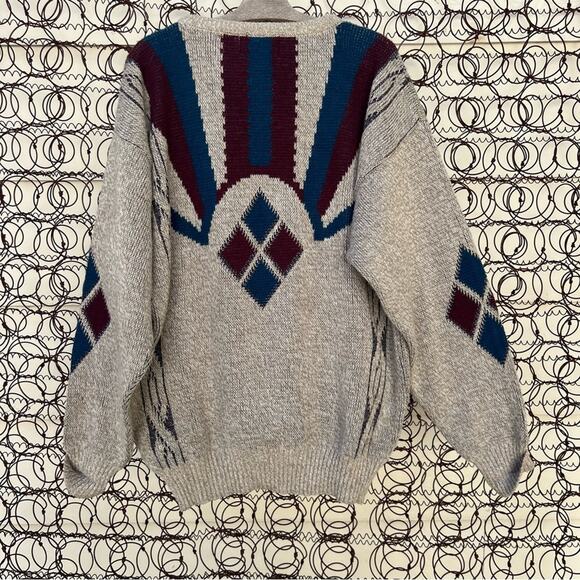 Vintage 90s Oakton Limited Muted Earthy Boho Sunset Maroon Blue sweater LG TALL - Picture 2 of 6